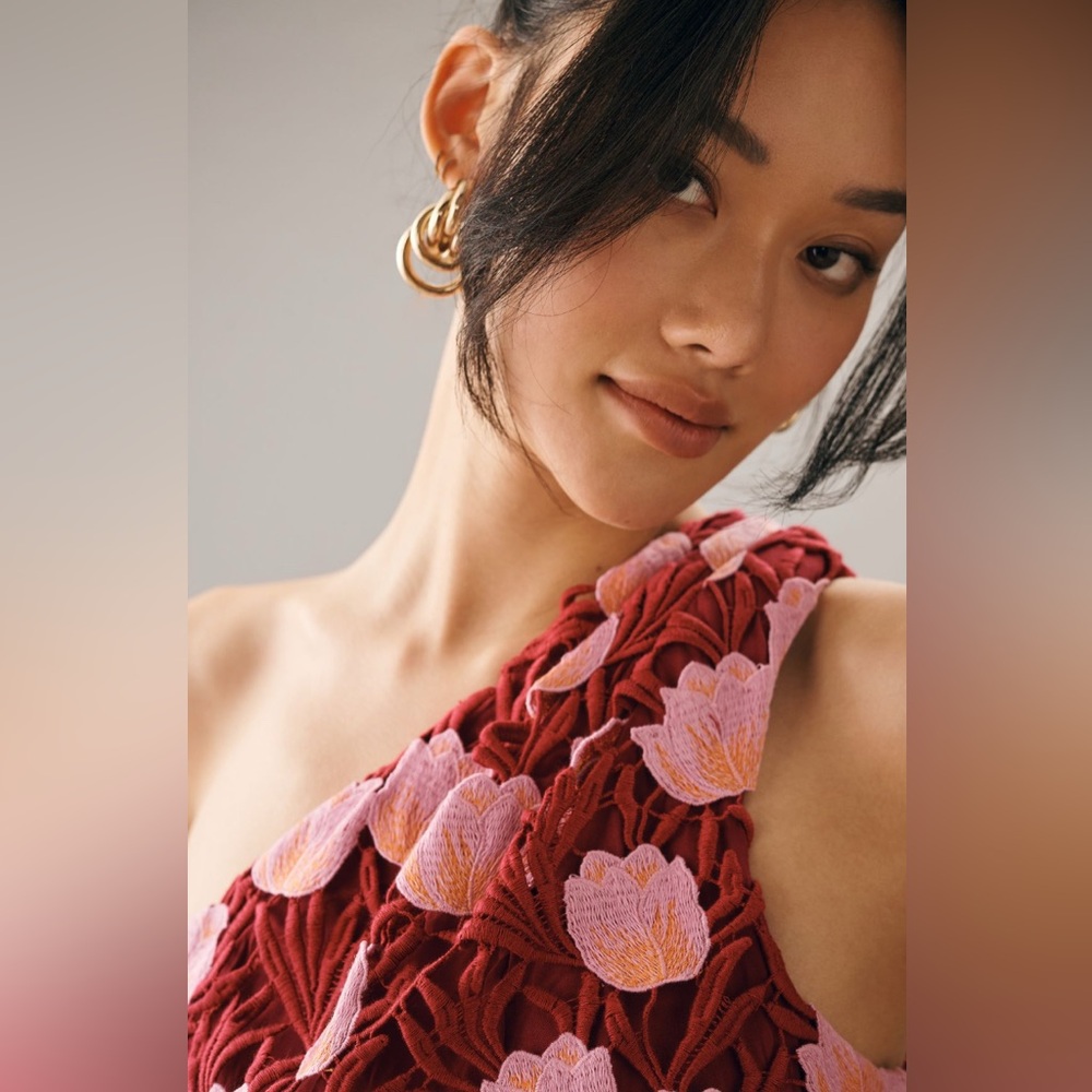 Rare! Anthro Maeve One-Shoulder Tea Dress Floral Embroidered Red Pink Size 6 New - Picture 4 of 5